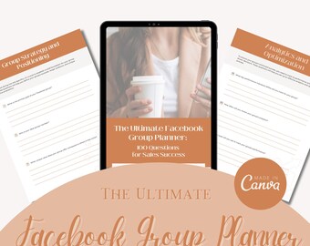 Op de afbeelding: Een digitale planner met een perzikkleurige achtergrond en de tekst "The Ultimate Facebook Group Planner" in een bruin lettertype. De planner bevat 100 vragen om je te helpen je Facebook-groep te laten groeien.
