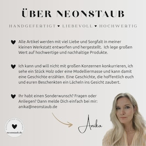 May include: A promotional image for Neonstaub, featuring text in German. The text includes the brand name, a description of handmade, loving, and high-quality products, and contact information for Anika.