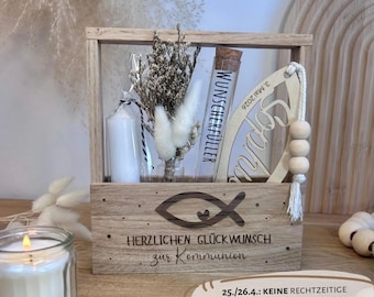 Kommunion Geschenk | Geldgeschenk Kommunion | Geschenkset Kommunion  | Holzbox mit Kerze, Lesezeichen personalisiert & Wunscherfüller