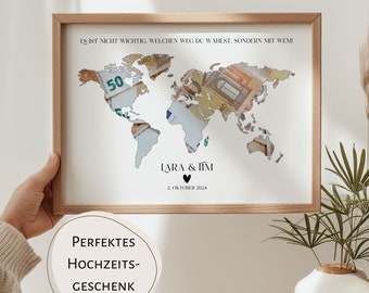 Cash gift for the bride and groom, travel world map, wedding gift, personalized picture