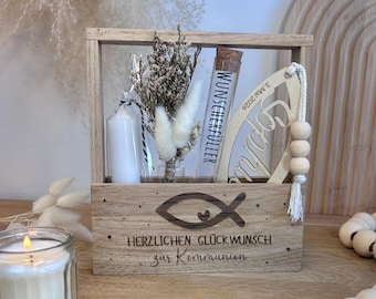 Kommunion Geschenk | Geldgeschenk Kommunion | Geschenkset Kommunion  | Holzbox mit Kerze, Lesezeichen personalisiert & Wunscherfüller
