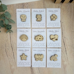 May include: Nine wooden pins with various designs, including a pig, cat, clover, mushroom, ladybug, heart, star, butterfly, and turtle. Each pin is on a white card with German text. The pins are arranged on a light wood surface.