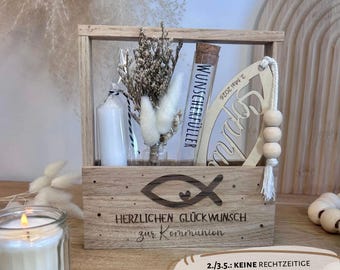 Kommunion Geschenk | Geldgeschenk Kommunion | Geschenkset Kommunion  | Holzbox mit Kerze, Lesezeichen personalisiert & Wunscherfüller