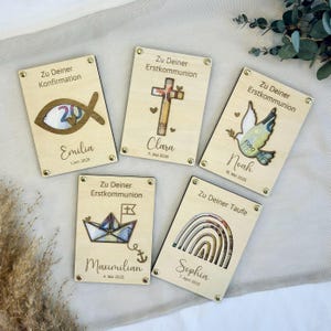 Cadeau personnalisé en argent : carte en bois pour baptême, communion et confirmation, emballage d'argent, enveloppe d'argent, carte gravée