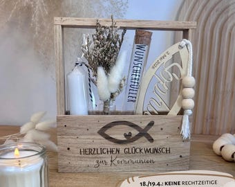 Kommunion Geschenk | Geldgeschenk Kommunion | Geschenkset Kommunion  | Holzbox mit Kerze, Lesezeichen personalisiert & Wunscherfüller