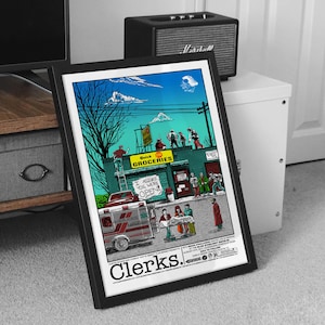 May include: Framed poster with a vibrant illustration of a shop scene, featuring the text "Quick Groceries" and "Clerks.". The artwork shows people, an ambulance, and the phrase "I Assure You, We're Open!"