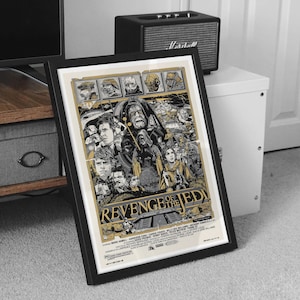 May include: Framed movie poster for "Revenge of the Jedi" in black and gold. The poster features a collage of characters and scenes from the film, with the title prominently displayed. The poster is in a black frame.