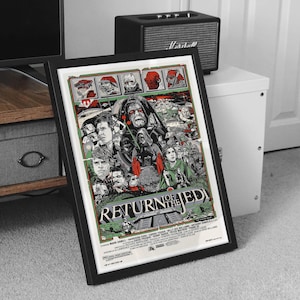 May include: Framed movie poster for "Return of the Jedi" with a black frame. The poster features a collage of characters and scenes from the film, with the title prominently displayed in green and white. The artwork has a vintage, illustrated style.