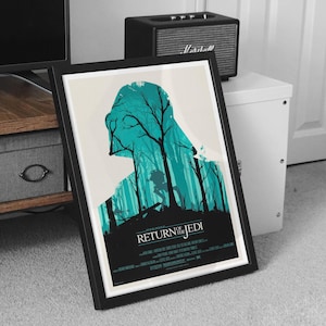 May include: Framed poster featuring a teal silhouette of Darth Vader with a forest scene. The poster includes the text "STAR WARS RETURN of the JEDI" in a black frame, leaning against a wall.