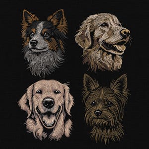 Könnte beinhalten: Vier gestickte Hundeporträts auf schwarzem Hintergrund. Die Hunde sind ein Border Collie, ein Golden Retriever, ein lächelnder Golden Retriever und ein Yorkshire Terrier. Die Porträts sind detailliert mit Braun-, Grau- und Goldtönen.