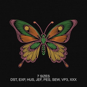 May include: Embroidered butterfly design in green, orange, yellow, and pink on a black background. The butterfly has detailed wing patterns and antennae. The image includes the text "7 SIZES" and file format abbreviations.