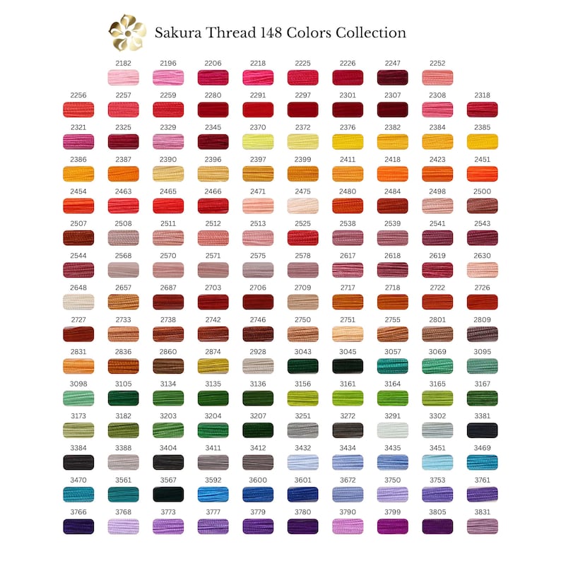 Sakura embroidery thread full color chart with shade numbers for 148 colors collection