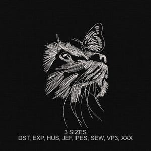 Cat And Butterfly Machine Embroidery Design, Cat And Butterfly Embroidery Pattern, Cat Digital Embroidery File, Instant Download, 3 Sizes