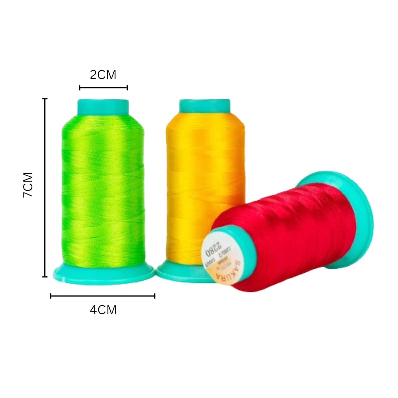 Sakura embroidery thread spool size diagram showing 7cm height 4cm base diameter and 2cm top diameter