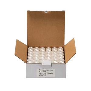 May include: A box filled with 144 white plastic spools of 750/2 polyester bobbin thread. The box is labeled "750/2 Polyester Bobbin Thread A type plastic side 144pcs/box WHITE".