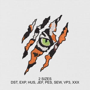 May include: Tiger claw mark embroidery design with a green eye.  The design is available in two sizes and in multiple embroidery file formats: DST, EXP, HUS, JEF, PES, SEW, VP3, XXX.