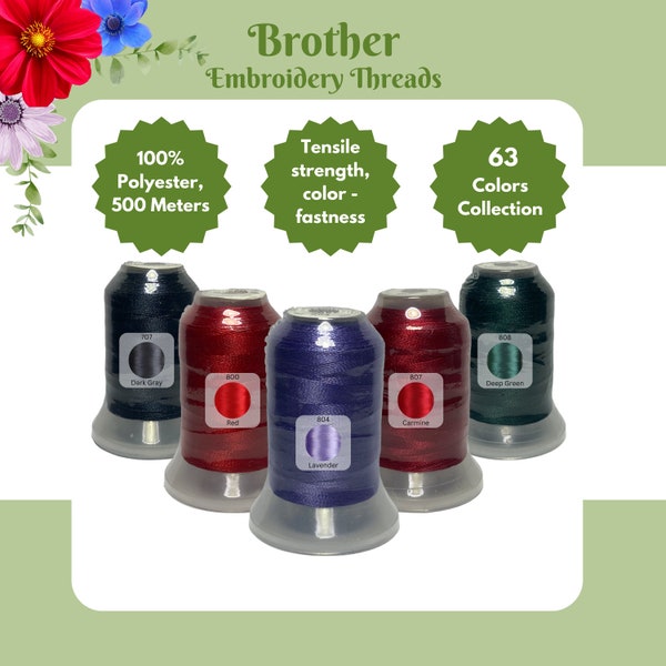 Brother Colors Polyester-Stickmaschinengarn 500 m – 707 Dunkelgrau, 800 Rot, 804 Lavendel, 807 Karmin, 808 Tiefgrün