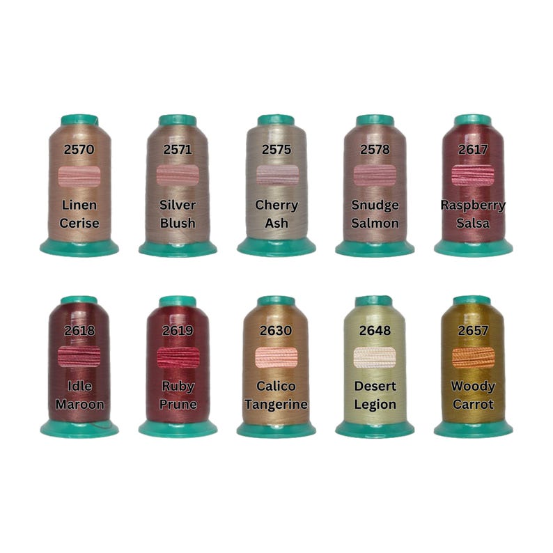 Sakura machine embroidery thread spools in salmon ash maroon and olive bronze shades color numbers 2570 to 2657