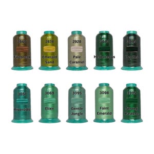 Sakura 40wt polyester embroidery thread spools in olive emerald and forest green shades color numbers 2860 to 3105