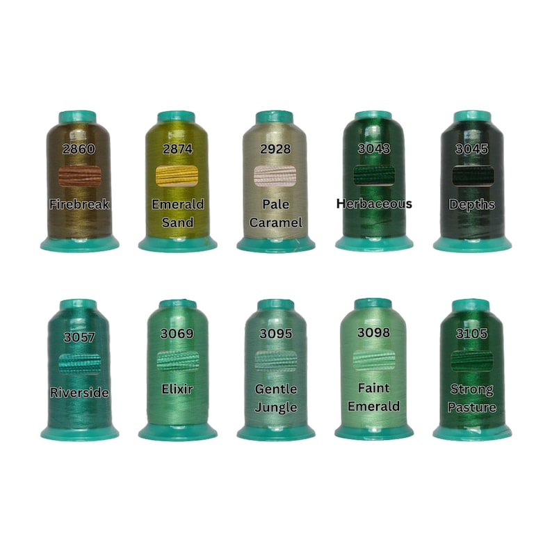 Sakura 40wt polyester embroidery thread spools in olive emerald and forest green shades color numbers 2860 to 3105