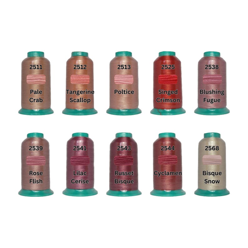 Sakura polyester embroidery thread spools in mauve blush rose and dusty pink shades color numbers 2511 to 2568