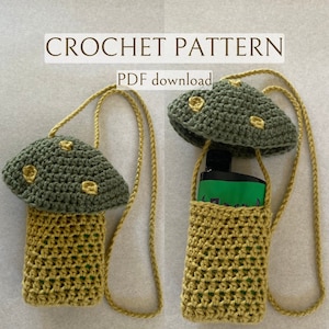 Può includere: Modello a uncinetto in PDF da scaricare per un porta bottiglie a forma di fungo verde e giallo con una tracolla.