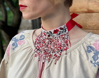 Ethnic woven necklace made of Gerdan beads with a national Ukrainian pattern, beaded pendant, silyanka