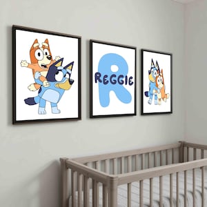 Personalised Blue Dog Wall Art Prints Set of 3 | Custom Name Nursery Decor for Boys or Girls | Bingo Themed Digital Download