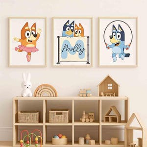 Personalised Bluey Dog Wall Art Set of 3 – Custom Name Prints, Nursery Decor for Boys or Girls, Toddler Room, Bingo Bluey fun
