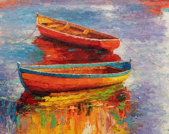 Colourful Boats in a sea oili painting Digital print