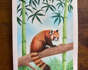 Kleiner Panda Goache Gemälde / 15cm x 21cm / Orginalgemälde