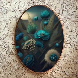 Moody Blue Flower Art on Oval Wooden Panel | Farmhouse Botanical Wall Decor | Wildflower Field Art | Rustic Flower Farm, Gift For Mom