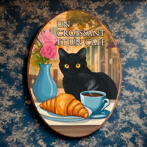 French Cafe Croissant Cat Print, Retro Drink Poster, Bistro Coffee Posters, Un Cafe Sil Vous Plait, Kitchen Decor, Unique Art Wood Decor