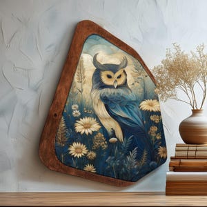 Majestic Owl Wall Art on Asymmetric Wooden Panel | Rustic Woodland Decor | Boho Nature-Inspired Bird Print | Handcrafted Wildlife Artwork