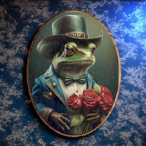 Victorian Frog Wall Hanging - Frog and Toad Decor, Cottagecore Wall Art, Vintage Style Wooden Print for Home Decor - Gift for Her, With Rose