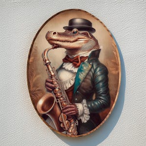 Vintage Style Victorian Crocodile Wall Art - Wooden Saxophone Playing Crocodile, Cottagecore, Farm Wall Decor, Witchcraft Decor, Animal