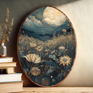 Moody Flower Art on Oval Wooden Panel | Farmhouse Botanical Wall Decor | Wildflower Field Art | Rustic Flower Farm | Wall Hangings
