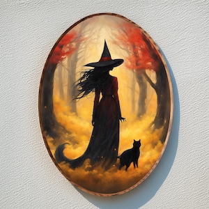 Halloween Black Oval Wooden 8 x 11 Inch Framed Picture, Gothic Print, Witchy Wall Hanging, Free Standing, Autumn Witch And Cat Silhouette