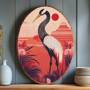 Placa de pared con pintura de grulla: arte rústico de madera con pájaros, decoración vintage para el hogar
