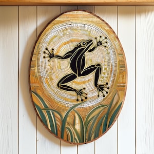Leaping Frog Wall Art Oval Mosaic Animal Print on Rustic Wood Amphibian Wall Hanging for Nature Cabin Decor or Woodland Inspired Spaces