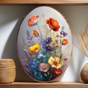 Flower Art in Oval Wood Frame | Farmhouse Botanical Wall Decor | Wildflower Field Art | Rustic Flower Farm | Cottagecore