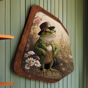 Wood Wall Art Frog Portrait Dapper Animal Rustic Decor Oval or Asymmetrical Sign AI Printed Woodland Gift for Her Cottagecore Style