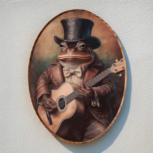Victorian Guitarist Frog Wall Decor - Vintage Style Wooden Frog Art Cottagecore Art Gifts For Sister, Witchcraft Oval Wall Decor, Wall Sign