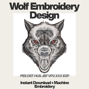 Pode incluir: Um design de bordado digital com a cabeça de um lobo com olhos vermelhos e boca aberta, mostrando os dentes. O design é intitulado "Wolf Embroidery Design" e inclui detalhes do formato do arquivo e o texto "Instant Download - Machine Embroidery."