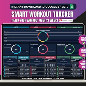 Workout Planner Google Sheets Dark Exercise Tracker Spreadsheet Fitness Template Gym Weightlifting Planner Training Progress Mentoring