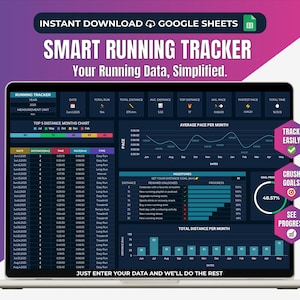Peut inclure: Un écran d'ordinateur portable affiche un tableau de bord "Smart Running Tracker". L'interface montre les données de course, y compris la distance, l'allure et les étapes. Le texte "Just enter your data and we'll do the rest" est visible.