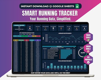 Plantilla de hoja de cálculo de seguimiento de carrera en Google Sheets Registro de entrenamiento para maratón Calculadora de ritmo Diario de carrera Rastreador oscuro Planificador de entrenamiento cardiovascular