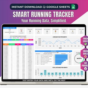 Peut inclure: Un écran d'ordinateur portable affiche un tableur de suivi de course avec le texte "SMART RUNNING TRACKER". L'interface comprend des graphiques, des champs de données et les phrases "Track Easily", "Crush Goals" et "See Progress". Le texte "JUST ENTER YOUR DATA AND WE'LL DO THE REST" est également visible.