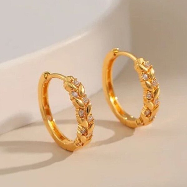 Gold Rhinestone Huggie Earrings with Wheat Ear Leaf Design Inlaid with Zirconia - Celebrity Aristocratic Shape Womens Jewelry