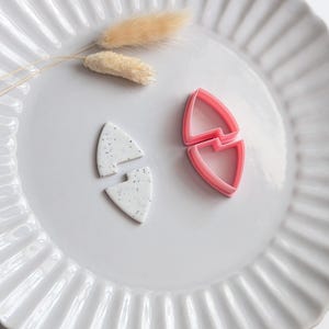 May include: A white ceramic plate with a fluted edge displays two small, speckled white clay pieces and a pink, shield-shaped cutter. Dried, tan-coloured bunny tail grass adds a natural element. Items are arranged for crafting.